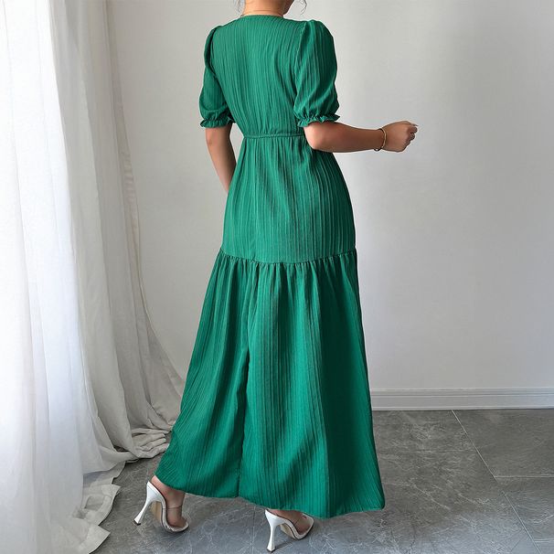 DiYun European And American Elegant Solid Color Short-Sleeved Long Dress Women's Clothing 2025 Autumn/Winter_ecoleips.com