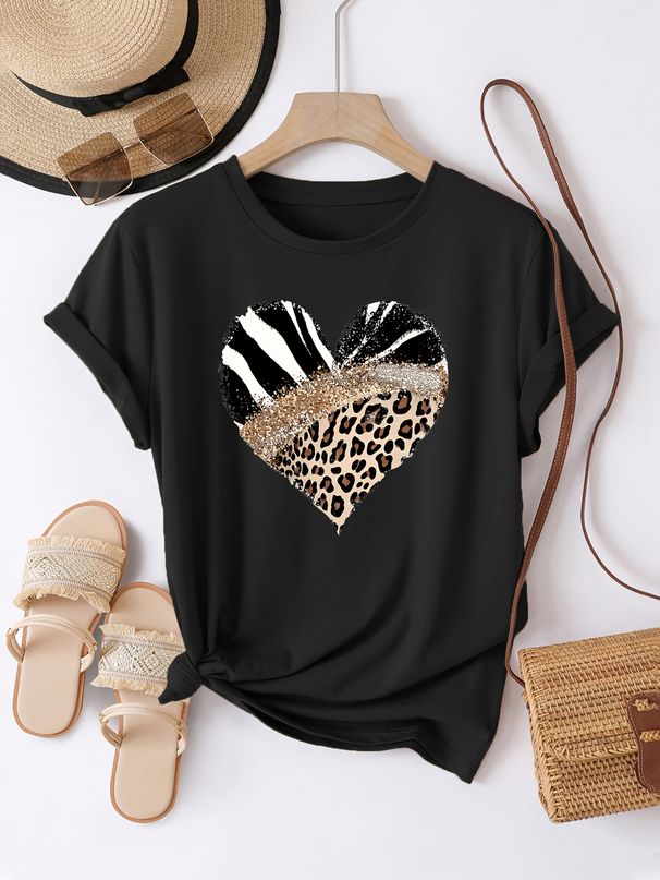 Women's Casual Short Sleeve With Leopard Print Zebra Stripe Heart Design Glitter Accent Casual Top Harajuku Short Sleeve Casual_ecoleips.com
