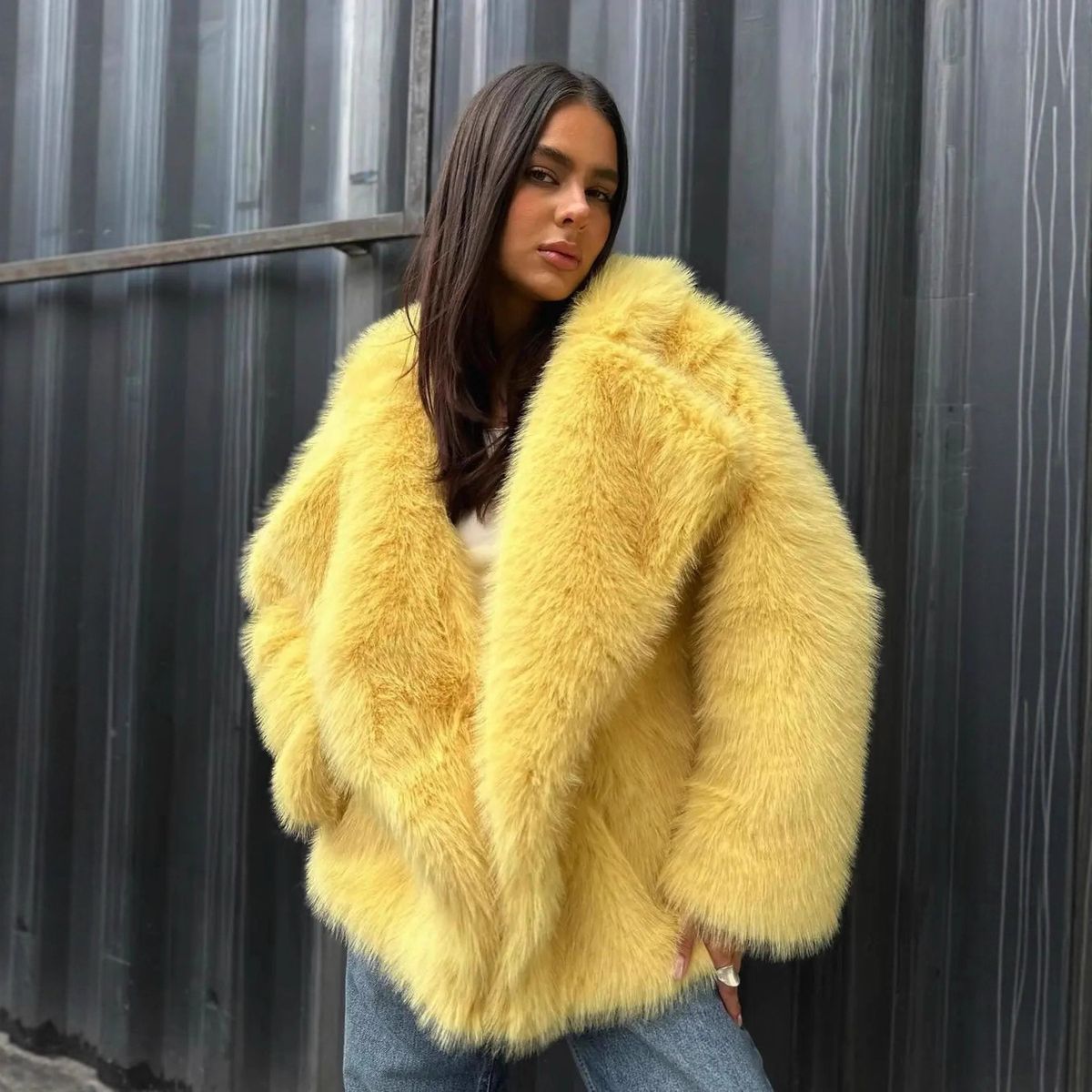 Women's Faux Fox Fur Jacket - Winter Warm Short Coat With Big Lapel Collar, Elegant Streetwear Fashion (Yellow)_ecoleips.com
