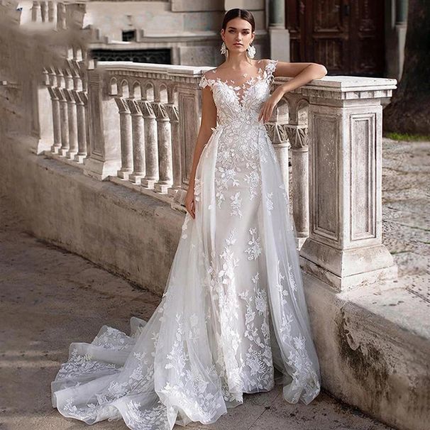 Women's Clothing Trailing Lace Wedding Dress New Style Dreamy Round Neck Slimming Fish White Bride Trailing Wedding Dress Two Wear Event Women_ecoleips.com