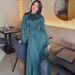 Spring Solid Color Satin Slimming Dress Lace-Up Princess Style European American Design Cotton Polyester Women's Clothing_ecoleips.com