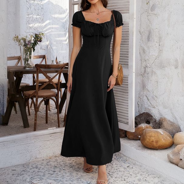 Women Stylish Plain Tie‑Front Ruched Puff Sleeve High Waist Dress Dating Vacation Casual Outfit_ecoleips.com
