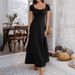 Voya Women's European And American Foreign Trade 2025 Spring Summer Elegant Solid Color Tie Pleated Puff Sleeve French Dress_ecoleips.com