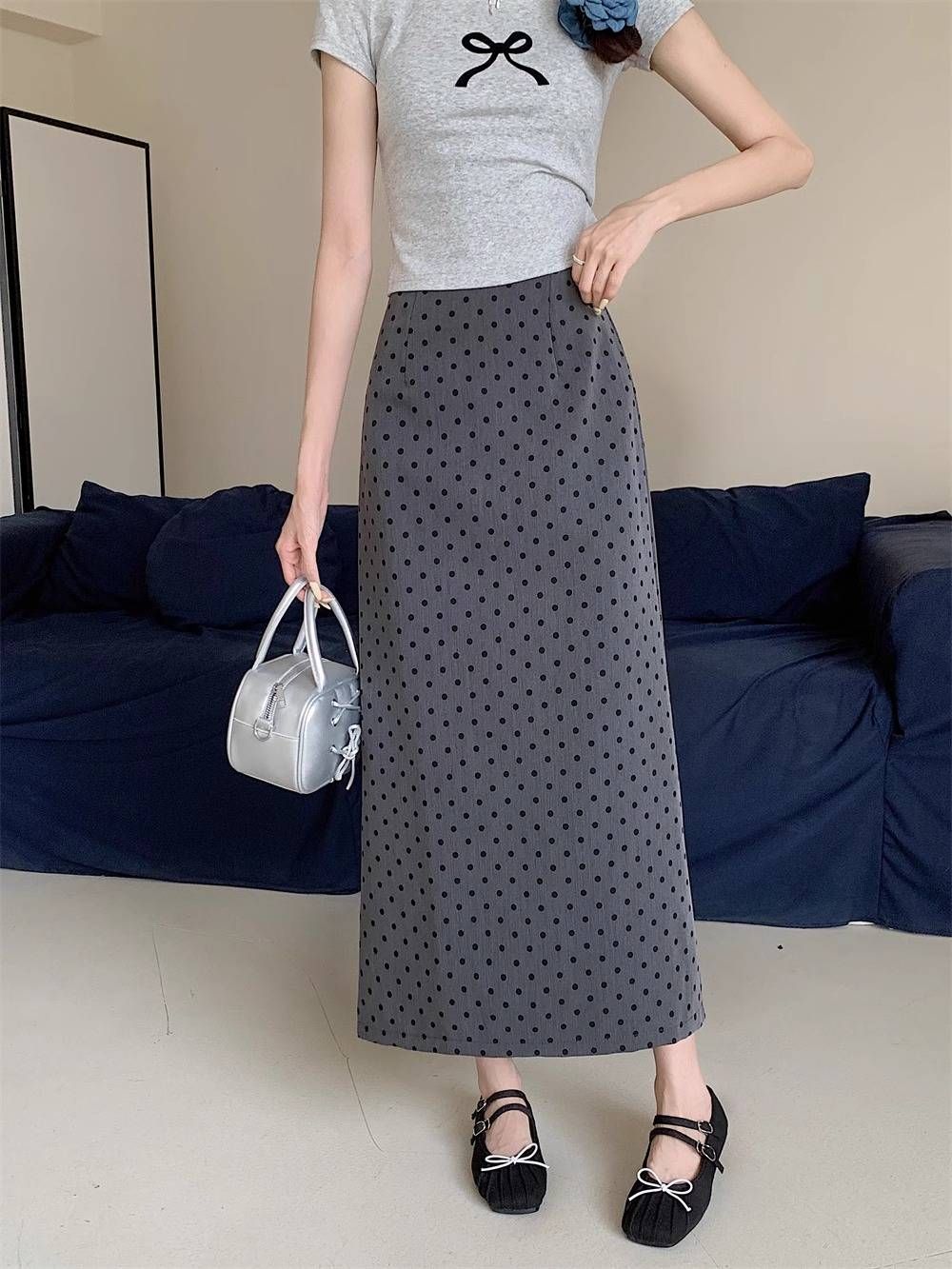 Sweet And Spicy Polka Dot Skirt For Women, Plus-size Casual Grey, Hip-hugging, Elegant, High-waisted, Slimming A-line Long Dress_ecoleips.com