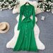 Elegant Waist-Cinching Knit Dress With Metal Buckle Detail, Long Sleeve Bodycon Dress With Lace Trim, Flattering Figure-Hugging Design For Women_ecoleips.com