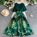 Elegant French Style Women's Dress V Neck Short Sleeve Summer Retro Waist Cinching Slimming Full Skirt Printed Long_ecoleips.com