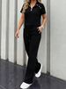 Women's Spring Summer Two-Piece Set: Collared Half-Zip Top With Elastic Waist Wide-Leg Pants, Casual Sporty Outfit_ecoleips.com