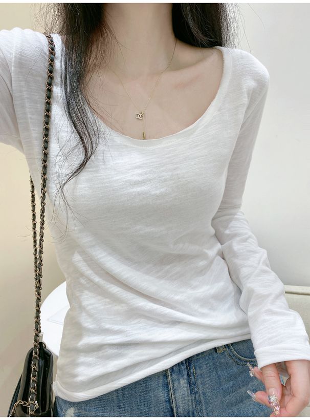 ng2510292 White Bamboo Cotton Long-sleeve T-shirt Women, Suitable For Early Spring And Autumn, Korean Style, Can Be Worn As An_ecoleips.com