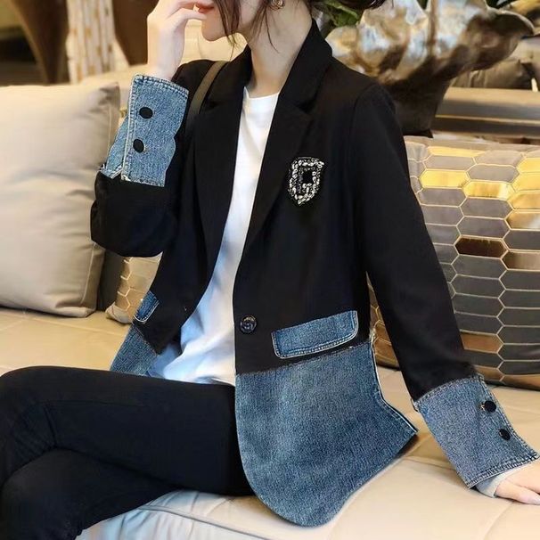 Women's Clothing Petite Women's Korean Style British Denim Blazer Casual Elegant Patchwork Blazer Long Sleeve For Formal & Casual For Women_ecoleips.com
