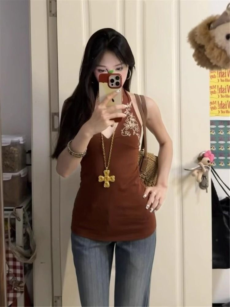 Retro Brown Camisole Tank Top for Women Sexy V Neck Halter Neck Sleeveless Top for Cross Border Trade Wholesale_ecoleips.com