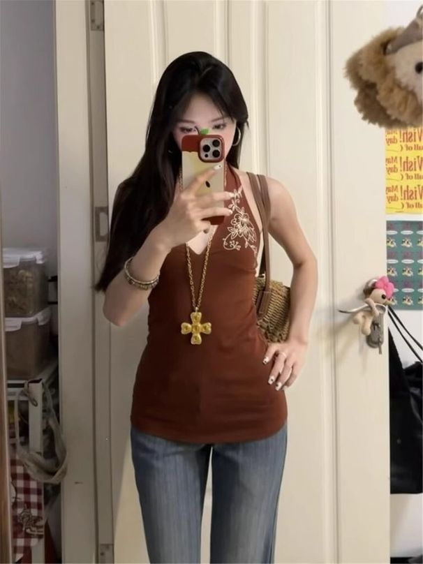Retro Brown Camisole Tank Top for Women Sexy V Neck Halter Neck Sleeveless Top for Cross Border Trade Wholesale_ecoleips.com