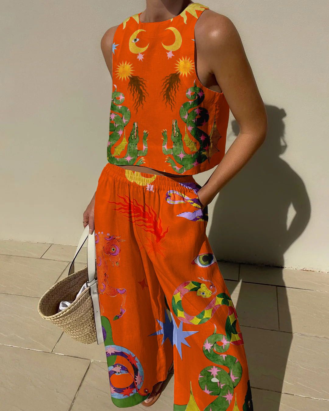 Women's Clothing Vest And Trousers Two Piece Set Fashion Casual Cotton And Linen Printed Set_ecoleips.com