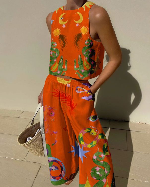 Women's Clothing Vest And Trousers Two Piece Set Fashion Casual Cotton And Linen Printed Set_ecoleips.com