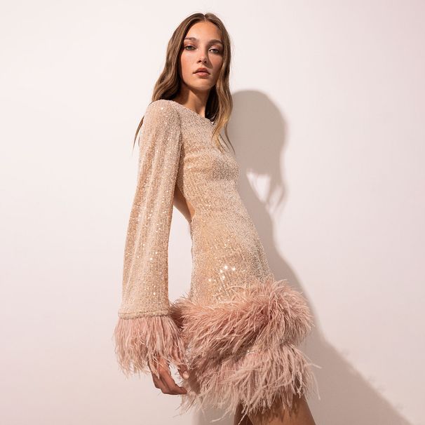 New autumn European and American cross border women's clothing waist sexy short skirt dress big backless long sleeve sequin feather dress_ecoleips.com