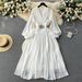Women's Clothing Seaside Vacation Travel Photography Lantern Long Sleeves V Neck Waist Slimming A Line Chiffon Pleated Dress_ecoleips.com