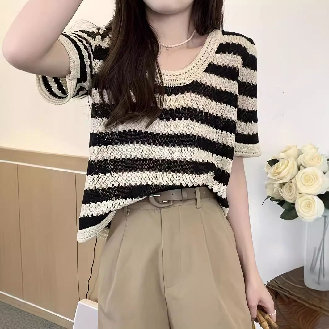 Retro Striped Short Sleeve Knit Top - Breathable Crochet Hollow Out Design Women's Round Neck Blouse In Soft Peach (Xs/S/M/L/Xl)_ecoleips.com
