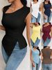 Elegant Style T-shirt - 2026 Spring/Summer New Design - Slant Collar, Slim Fit, Short Style, Solid Color Top_ecoleips.com