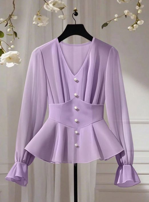 Curvy Women Solid Sheer Chiffon Blouse, V Neck Pearl Buttons Puff Long Sleeve Shirt With Ruffle Cuffs For Daily Outing_ecoleips.com