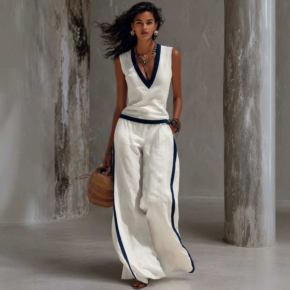 Women's Casual V Neck Color Block Cotton Linen Top with Wide Leg Pants Set Independent Store New Arrivals Summer Wear_ecoleips.com