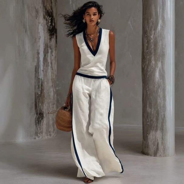 Women's Casual V Neck Color Block Cotton Linen Top with Wide Leg Pants Set Independent Store New Arrivals Summer Wear_ecoleips.com