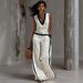 Women's Casual V Neck Color Block Cotton Linen Top with Wide Leg Pants Set Independent Store New Arrivals Summer Wear_ecoleips.com