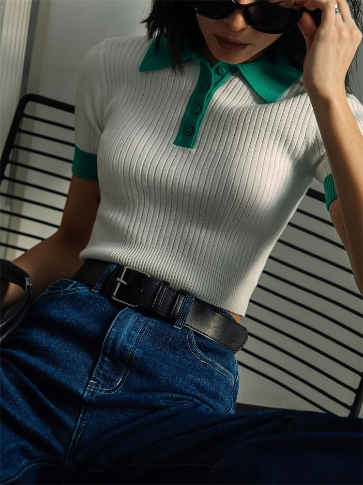 Women's Clothing Summer Sexy Navel Baring Lapel Tops For Women Contrasting Tight Short Sleeved Knitted Sweaters_ecoleips.com