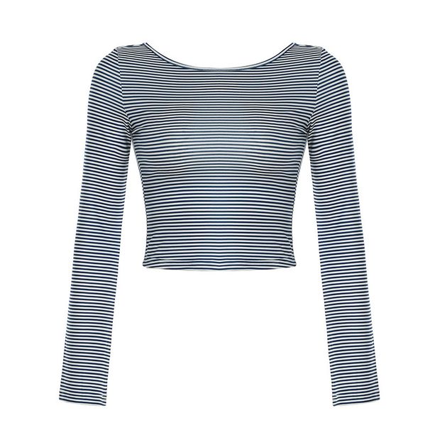 European And American Style Basic Low Round Neck Sexy Backless Striped T-shirt For Women, Pullover Slim-fit Knitted_ecoleips.com