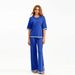 Women's Elegant Color Block Split Short Sleeve Knit Top And Slim Wide Leg Trousers Fashion Set Two Piece Casual Outfit_ecoleips.com