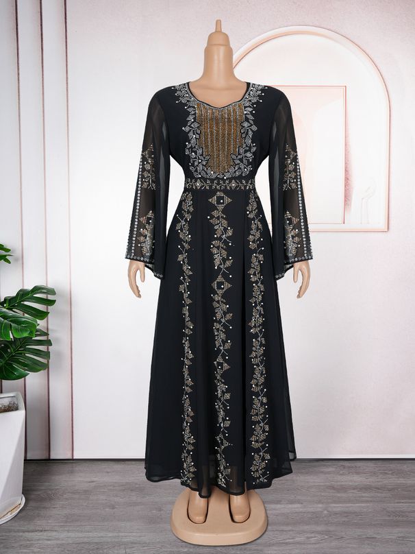 Elegant Long Sleeve Maxi Dress With Embellished Rhinestones Modest Muslim Evening Gown For Women, Plus Size A-Line Formal Dress (Green/Purple/Black)_ecoleips.com