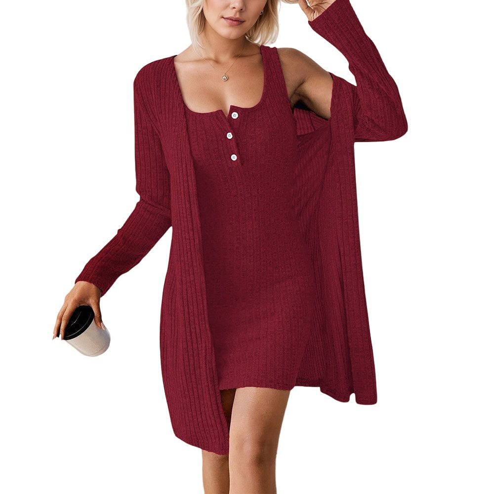 Voya Popular Women's Casual Two-piece Set With Buttons, Black Adjustable Long Sleeves, Off The Shoulder, Autumn Home Cardigan, And Socialite Style_ecoleips.com
