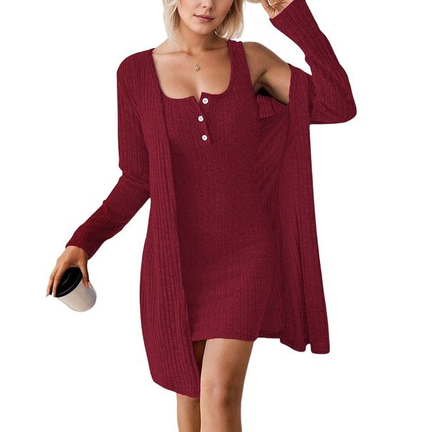 Voya Popular Women's Casual Two-piece Set With Buttons, Black Adjustable Long Sleeves, Off The Shoulder, Autumn Home Cardigan, And Socialite Style_ecoleips.com