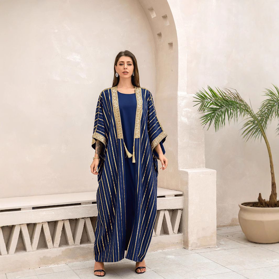 ZD049 Muslim Abaya Women's Dress Summer Gold Foil Two-Piece Set_ecoleips.com