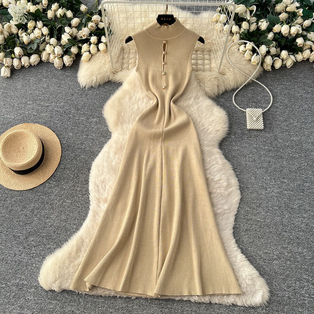 Elegant High-Neck Knit Dress With Hollow Metal Buckle - Minimalist Winter Long Dress For Women_ecoleips.com