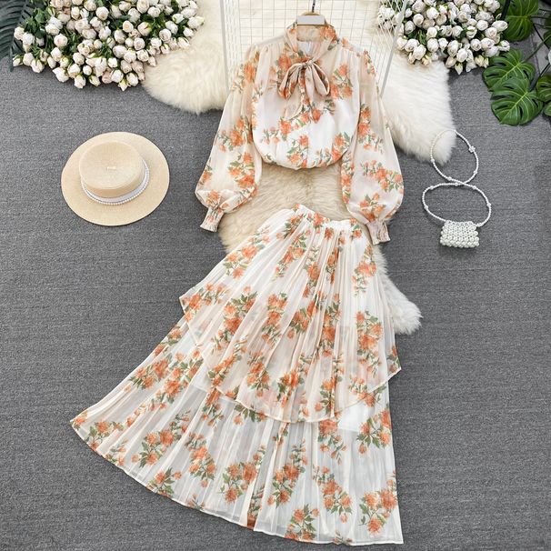 Women's Clothing light mature style, lantern long sleeves, bowknot, loose printed chiffon shirt, two-piece suit, high waist skirt_ecoleips.com
