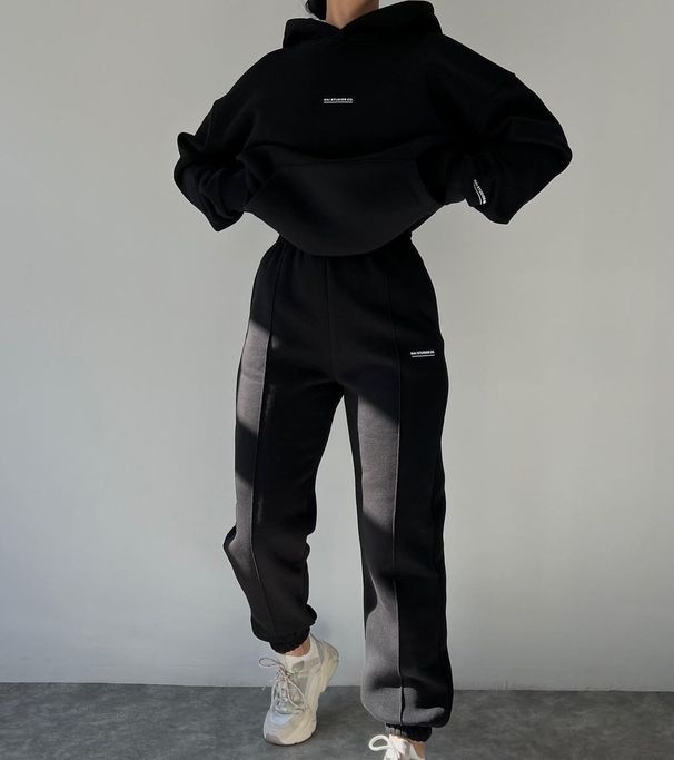 Women's Clothing Fleece Hoodie & Jogger Set - Long Sleeve Thickened Sweatshirt & Pants Outfit, Casual Letter Print Two-Piece (Black, Dark Gray, Blue)_ecoleips.com