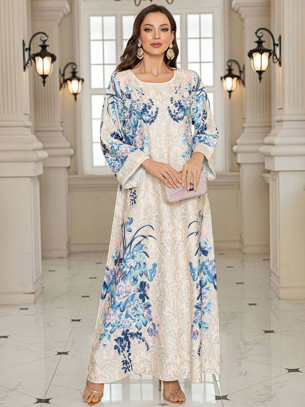 Women's Long Robe Fashion Print Beaded Rhinestone Dress, Elegant Evening Gown, Stylish Long Skirt, Perfect For Special Occasions_ecoleips.com