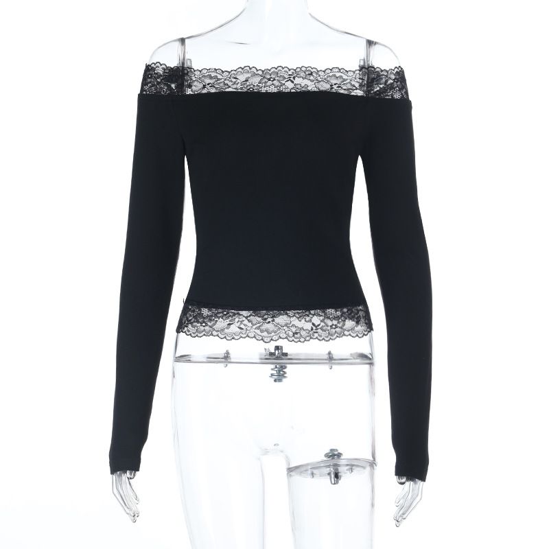Off-Shoulder Lace Top For Women Sexy Alluring Long Sleeve Versatile Autumn Winter INS Style T-Shirt_ecoleips.com