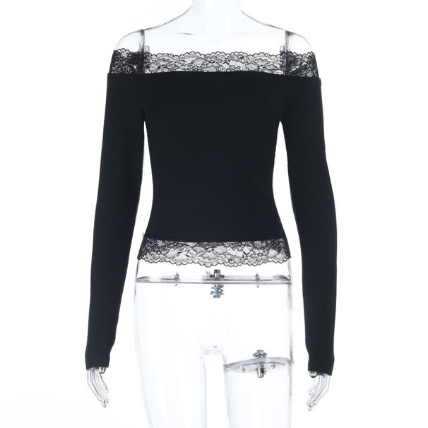 Off-Shoulder Lace Top For Women Sexy Alluring Long Sleeve Versatile Autumn Winter INS Style T-Shirt_ecoleips.com