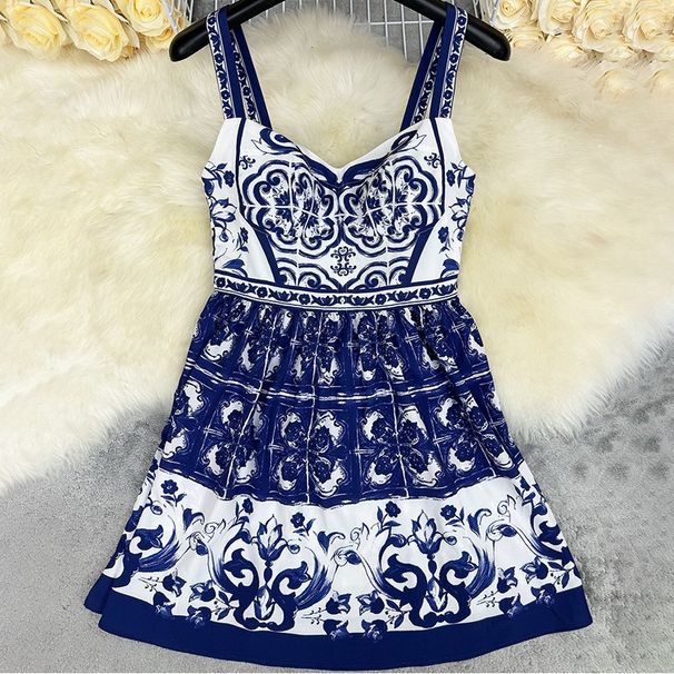Women's Clothing Sleeveless Blue And White Porcelain Printed Dress_ecoleips.com