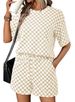 Women's Checkerboard Print Short Sleeve T-Shirt With Drawstring Pocket Shorts Set, Casual Loungewear Two Piece Outfit For Summer, Street Style_ecoleips.com