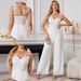 Women's Clothing Elegant V-Neck Wide Leg Jumpsuit - Chiffon & Lace Wedding Party Romper For Women, Sexy & Classy White One-Piece Pantsuit (S/M/L/XL)_ecoleips.com
