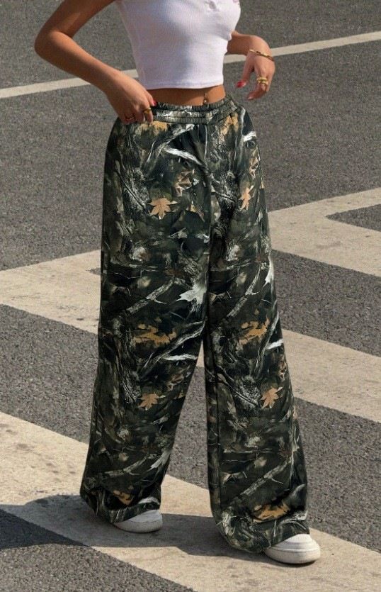 Women's Y2K Street Style Stretch Wide Leg Pants European And American Fashion Belted Slimming Print Casual Trousers_ecoleips.com