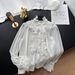 Luxury French-Style Blouse – Sequin & Beaded Embellished High Neck Top With Ruffle & Fringe Detailing (White/Black, One Size Fits Most)_ecoleips.com