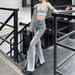 American Retro Split Flared Jeans For Women, Unique Design, Pink Tie High Waist Slimming Hot Girl Pants_ecoleips.com
