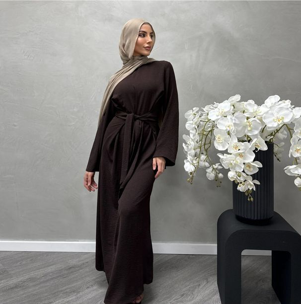 Muslim Prayer Dress"Modest Lace Trim Prayer Dress – Breathable Cotton Linen Maxi Dress For Muslim Women (Brown/Apricot, S-XXL)"_ecoleips.com
