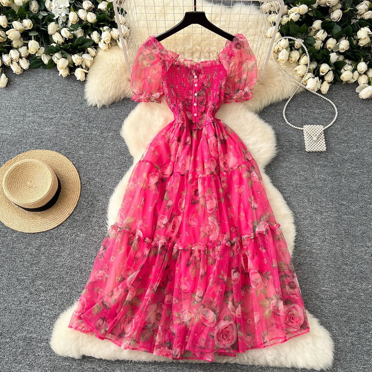 Women's Clothing Tea Break Retro Gentle Style Floral Chiffon Dress Female Waist Temperament One Shoulder Puff Sleeve Mesh Skirt_ecoleips.com