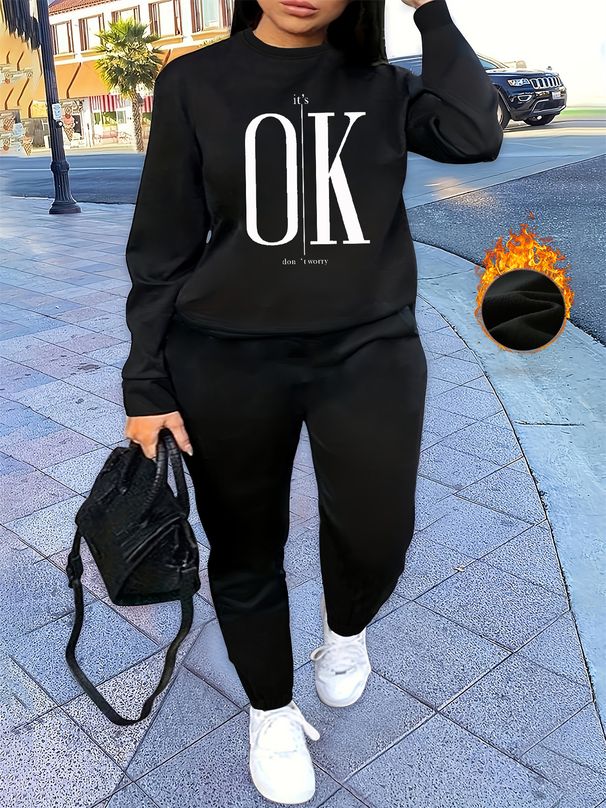 Women's Autumn And Winter Hip-hop Casual Street OK Letter Printed Round Neck Sports Shirt+sports Pants Warm Set-630_ecoleips.com