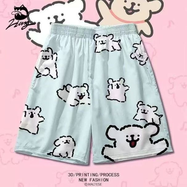 2026 New Cute Striped Maltese Dog Shorts, Loose Fit For Men Women Couple Wear, Sweet Home Fashion Trendy Printed Lounge Shorts_ecoleips.com