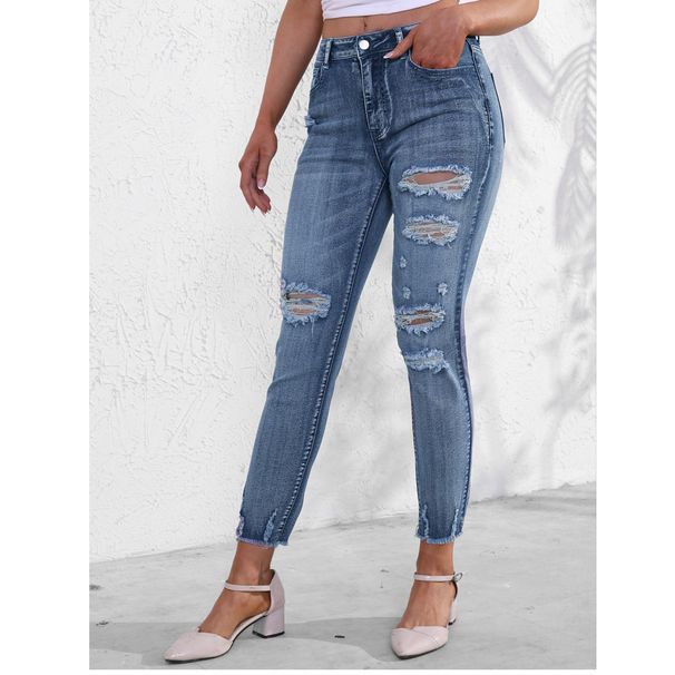 Women's Slim Fit Stretchy Blue Denim Pants Distressed Design Frayed Edges Fashionable Versatile Jeans_ecoleips.com