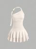 Women's Clothing Solid Color Off-Shoulder Dress Fashion One Shoulder Halter Neck Slimming Waist Pleated Skirt Sexy Versatile_ecoleips.com
